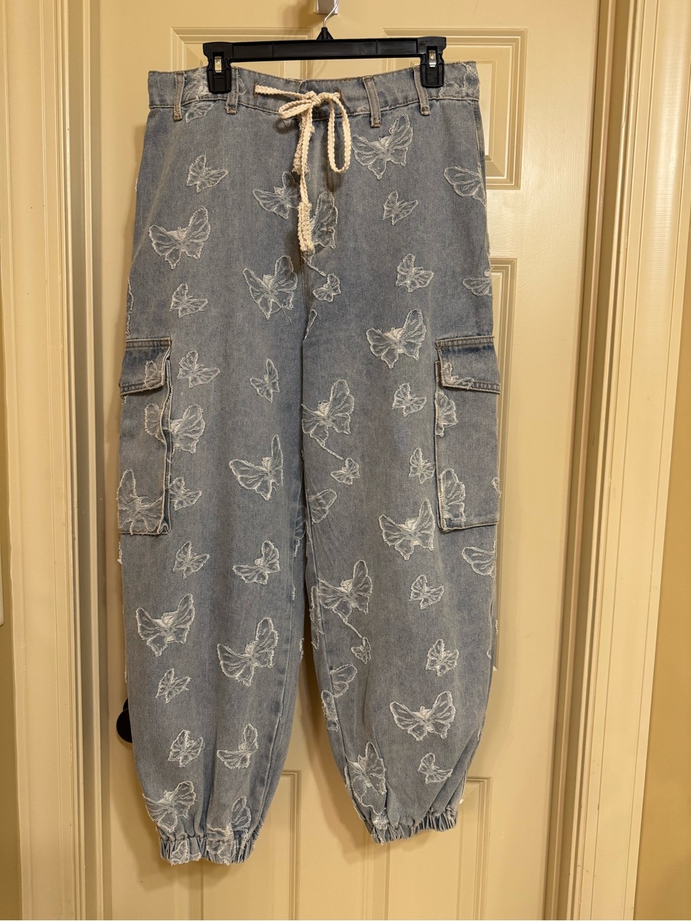POL Denim Cargo Joggers with White Butterfly Embroidery